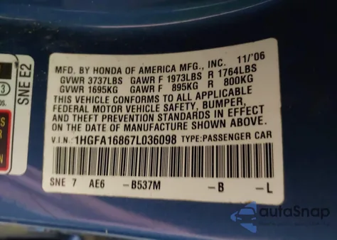 2007 Honda Civic Ex from USA, damaged, VIN 1HGFA16867L036098